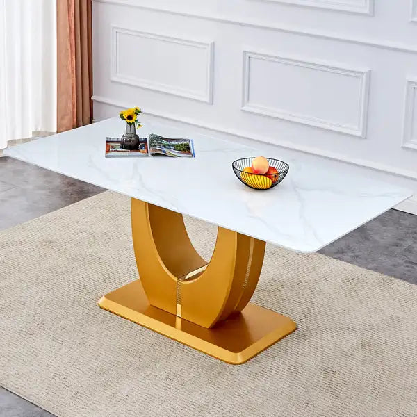 White Marble Glass Dining Table with Gold Legs - Modern Rectangular Desk for Living Room, Kitchen & More