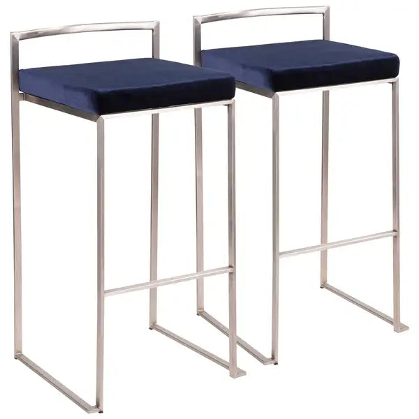 LumiSource Fuji Blue Velvet Bar Stools - Set of 2 - Stainless Steel