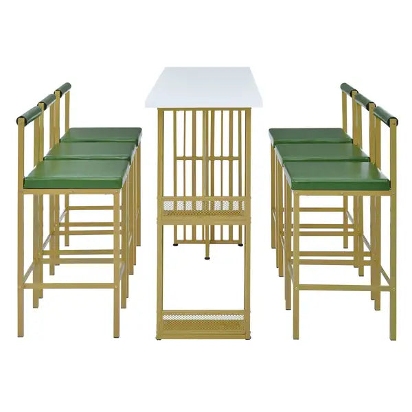 7-Piece Counter Height Dining Set with Upholstered Stools - White & Green - TREXM - Minihomy