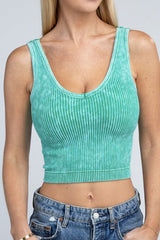 2-Way Neckline Washed Ribbed Cropped Tank Top - Minihomy