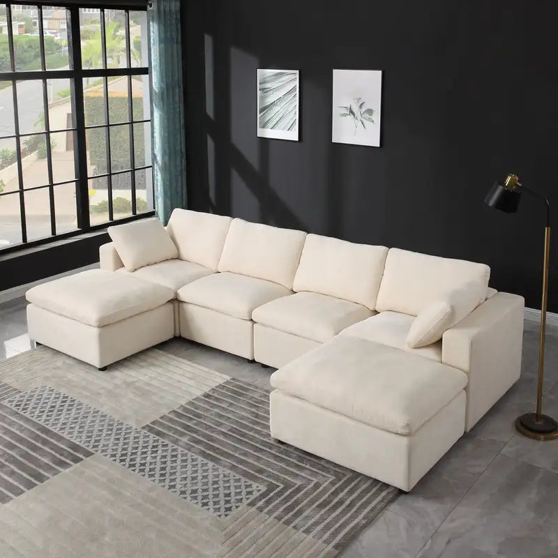 Beige Chenille U-Shaped Modular Sectional Sofa (6 Seats, Reversible Chaise)