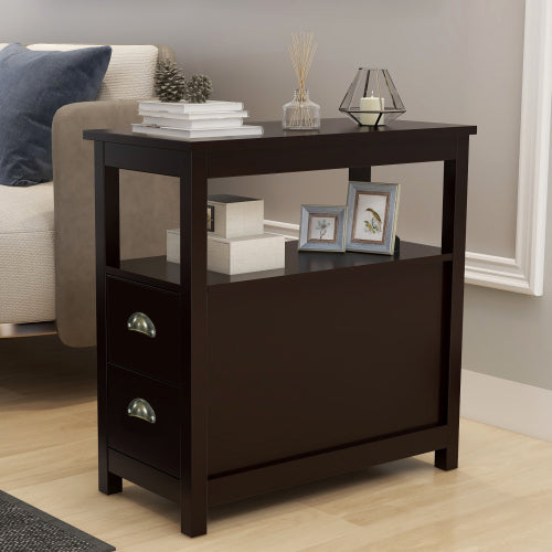 Brown End Table with 2 Drawers & Shelf - Narrow Nightstand for Small Spaces - Minihomy