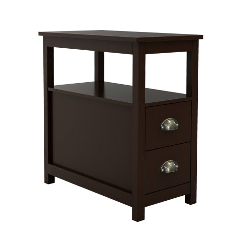 Brown End Table with 2 Drawers & Shelf - Narrow Nightstand for Small Spaces - Minihomy