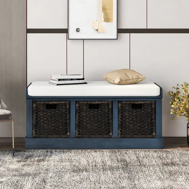 Rustic Storage Bench with 3 Rattan Baskets & Cushion - Antique Navy