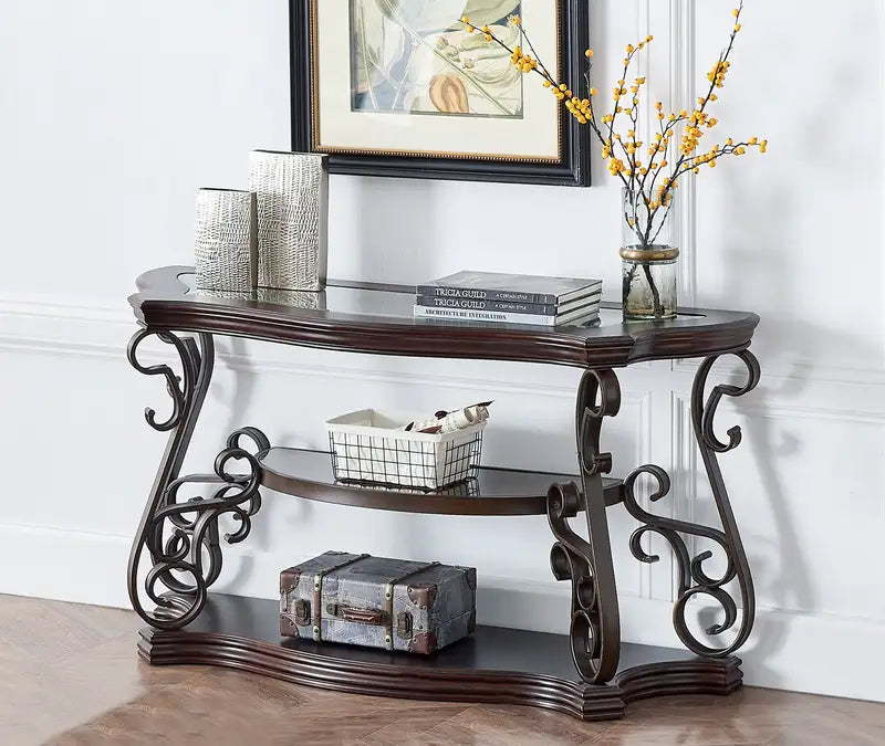 Modern 54" Sofa Table with Glass Top & Marble Shelf - Metal Legs