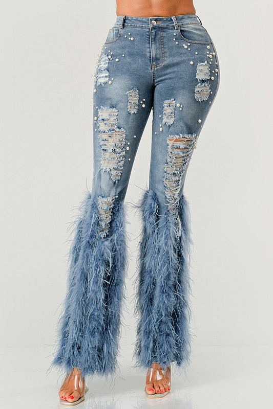 Distressed Pearl Embellished Feather Detail Women's Jeans - Trendy Casual Style