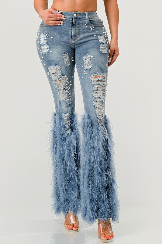 Distressed Pearl Embellished Feather Detail Women's Jeans - Trendy Casual Style