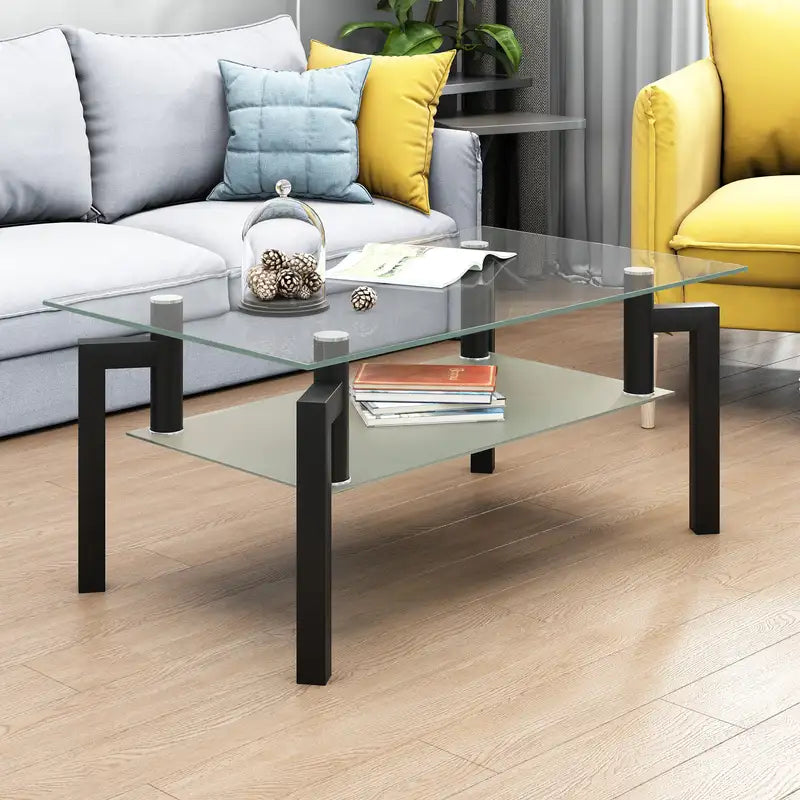 Black Glass Coffee Table - Modern Rectangle Center Table for Living Room