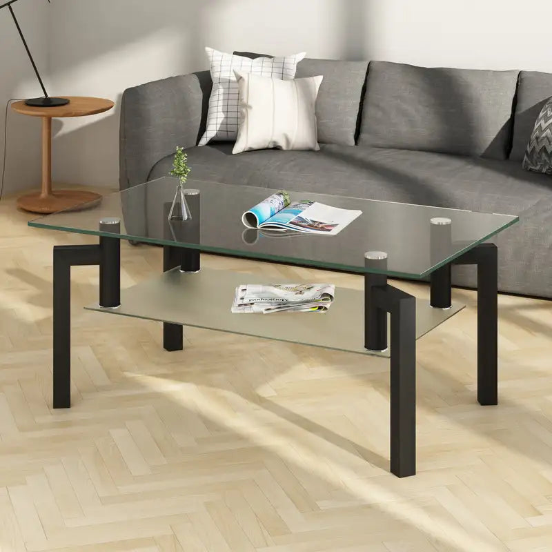 Black Glass Coffee Table - Modern Rectangle Center Table for Living Room