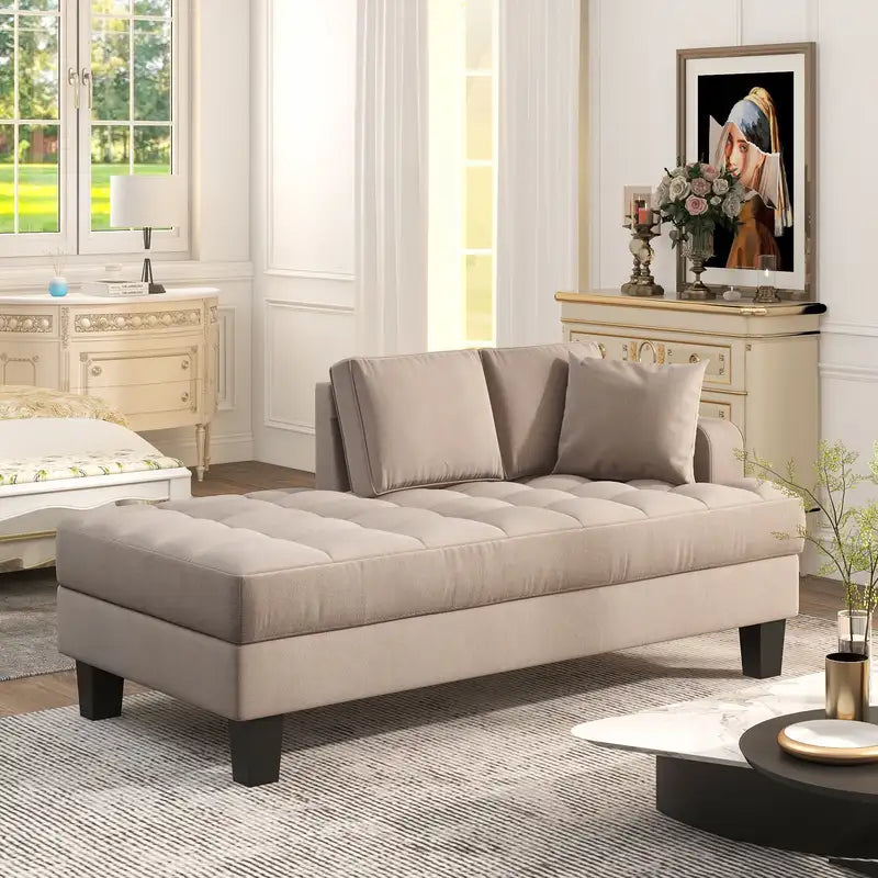 64" Deep Tufted Chaise Lounge - Warm Grey Fabric, Pillow Included