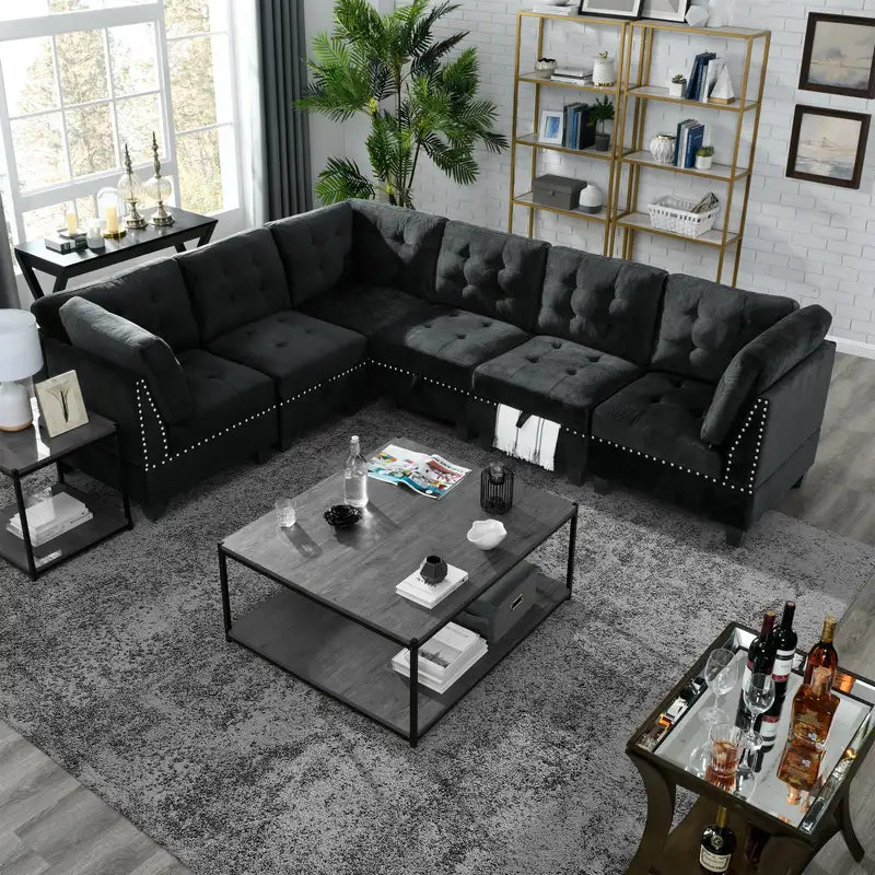 Black Velvet L-Shaped Modular Sectional Sofa - 3 Seats & 3 Corners