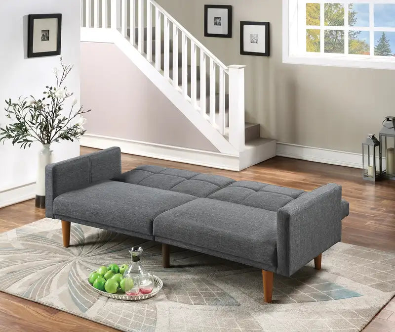 Blue Grey Convertible Sofa Bed | Tufted Couch w/ Wooden Legs