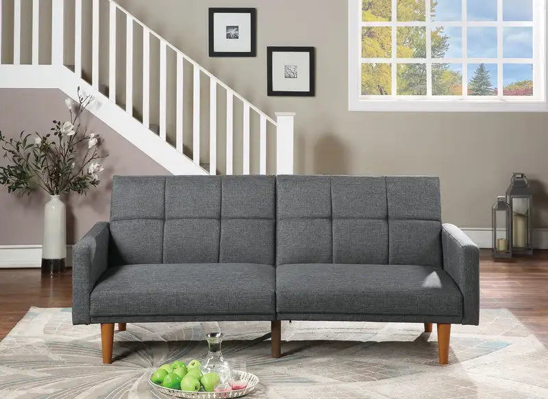 Blue Grey Convertible Sofa Bed | Tufted Couch w/ Wooden Legs