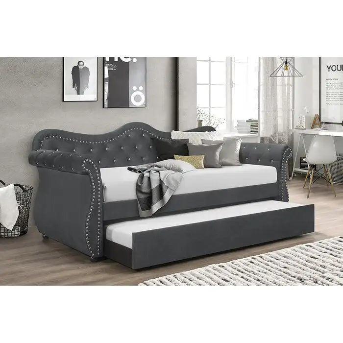 Gray Velvet Daybed with Trundle - Abby Upholstered Wood