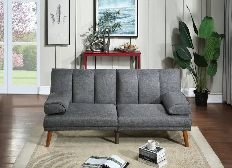 Blue Grey Plush Sofa with Solid Wood Legs - Adjustable Polyfiber Couch