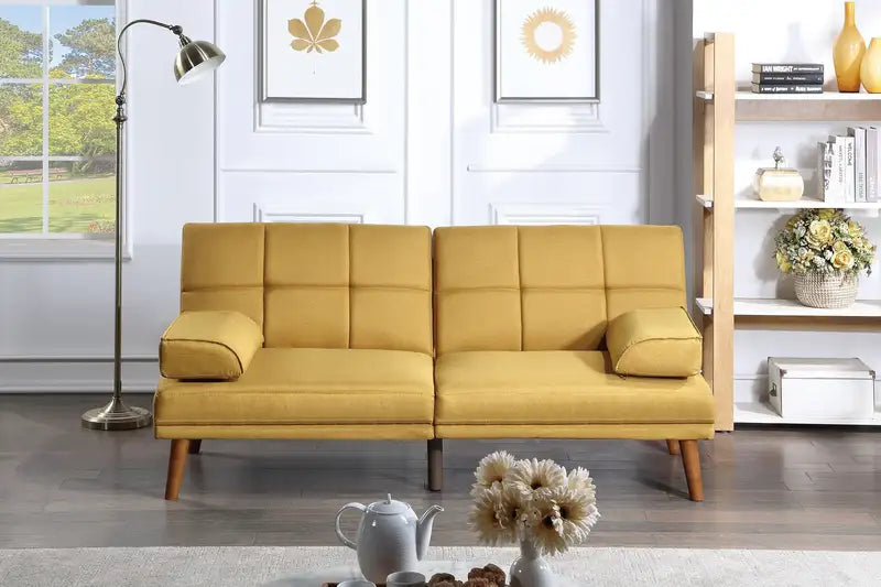 Comfortable Tufted Sofa with Solid Wood Legs - Mustard Yellow