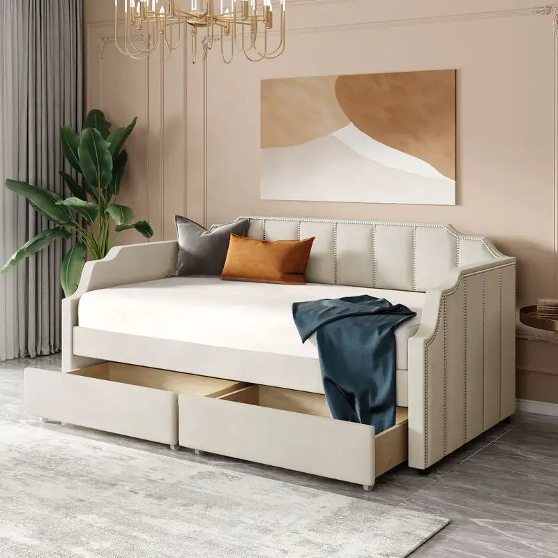 Beige Twin Daybed with Drawers & Slat Support