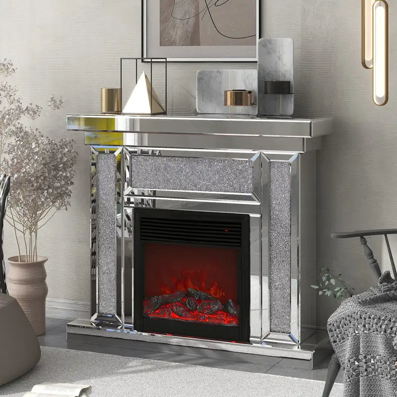 47" Acrylic Diamond Mirror Mantelpiece with Electric Fireplace - 1500W