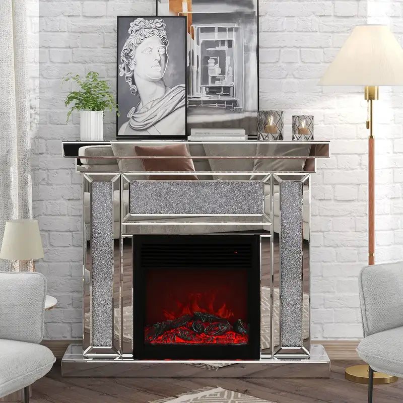 47" Acrylic Diamond Mirror Mantelpiece with Electric Fireplace - 1500W