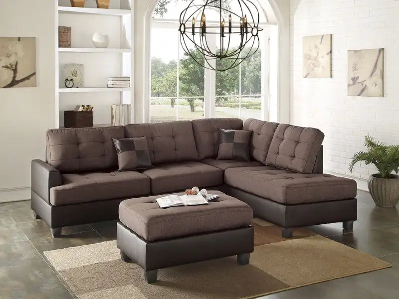 Chocolate Brown Tufted Reversible Sectional Sofa with Chaise & Ottoman