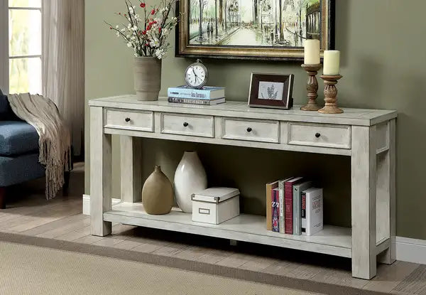 Rustic White Solid Wood Sofa Table with Storage & Shelf