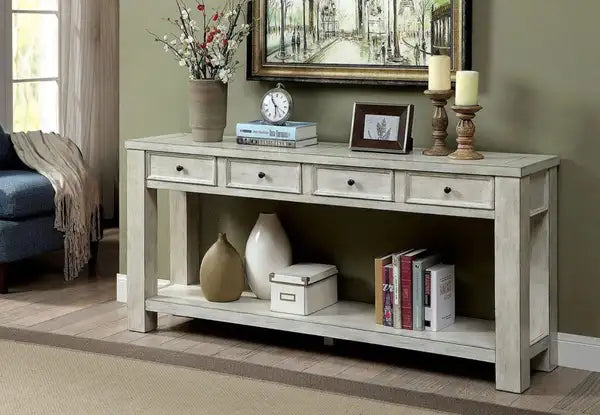 Rustic White Solid Wood Sofa Table with Storage & Shelf