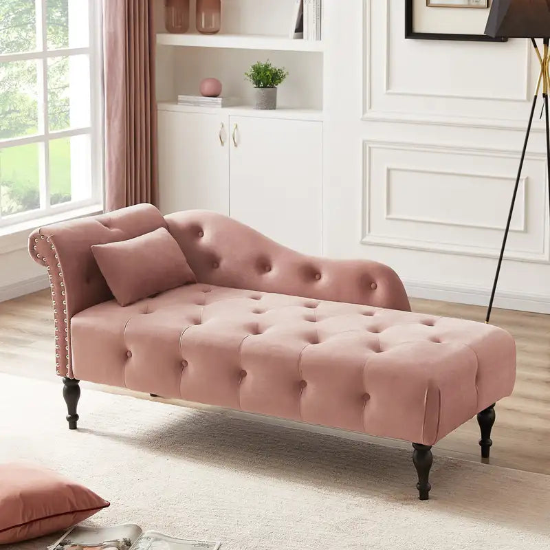 Aijia 60.6" Velvet Chaise Lounge - Tufted, Nailhead Trim, Solid Wood Legs