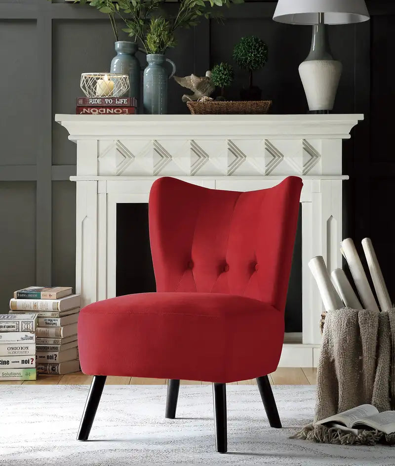 Red Velvet Accent Chair, Button Tufted, Modern, Brown Legs