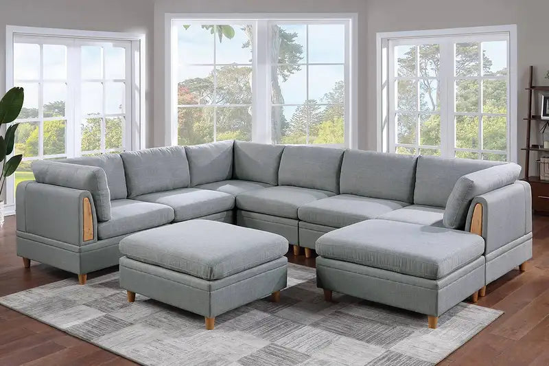 Grey 8-Piece Sectional Sofa Set with Ottomans & Armless Chairs