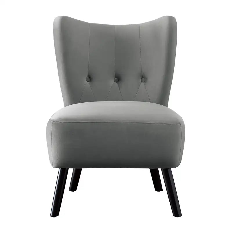 Gray Velvet Accent Chair - Button Tufted, Modern, Brown Legs