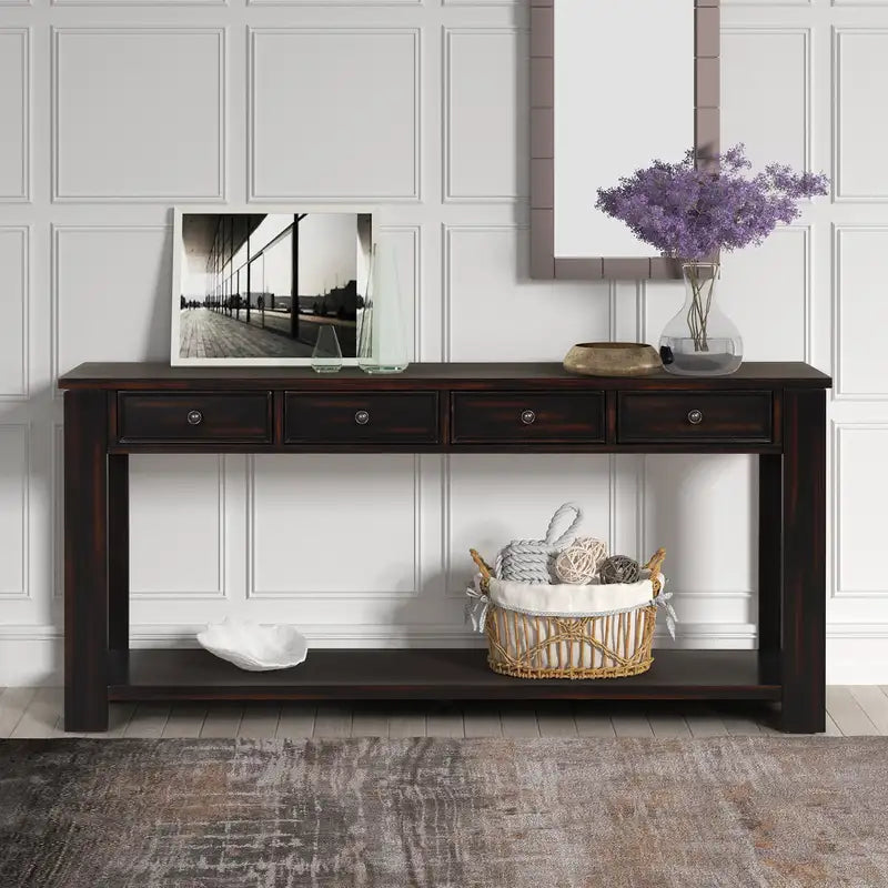 63" Distressed Black Pine Console Table - 4 Drawers, Shelf, Easy Assembly