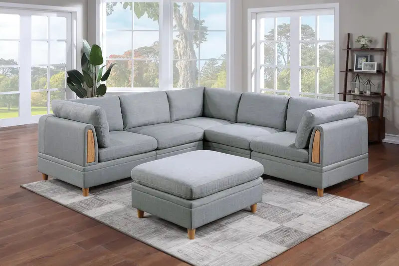 Grey Modular Sofa Set, 6pc Living Room Furniture with Ottoman