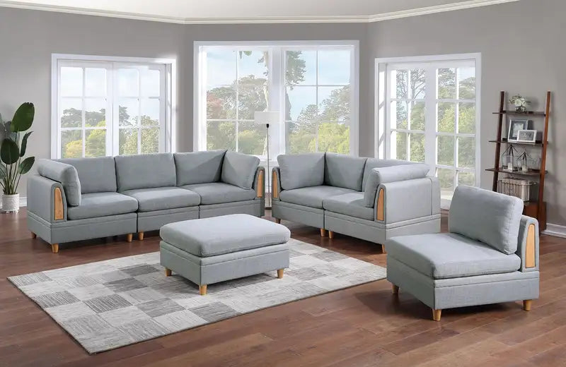 7-Piece Modular Sofa Set, Light Grey Dorris Fabric, Living Room Furniture