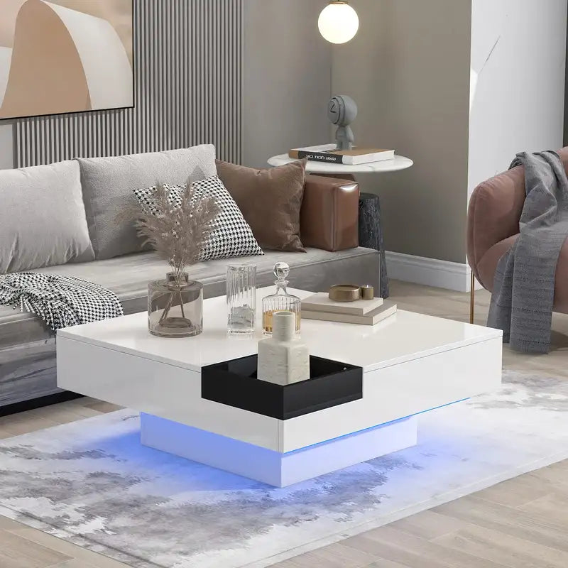 Modern Minimalist Coffee Table with LED Lights & Tray - 31.5" Square