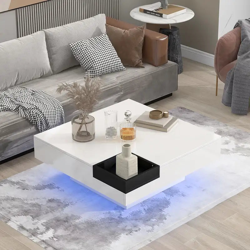 Modern Minimalist Coffee Table with LED Lights & Tray - 31.5" Square