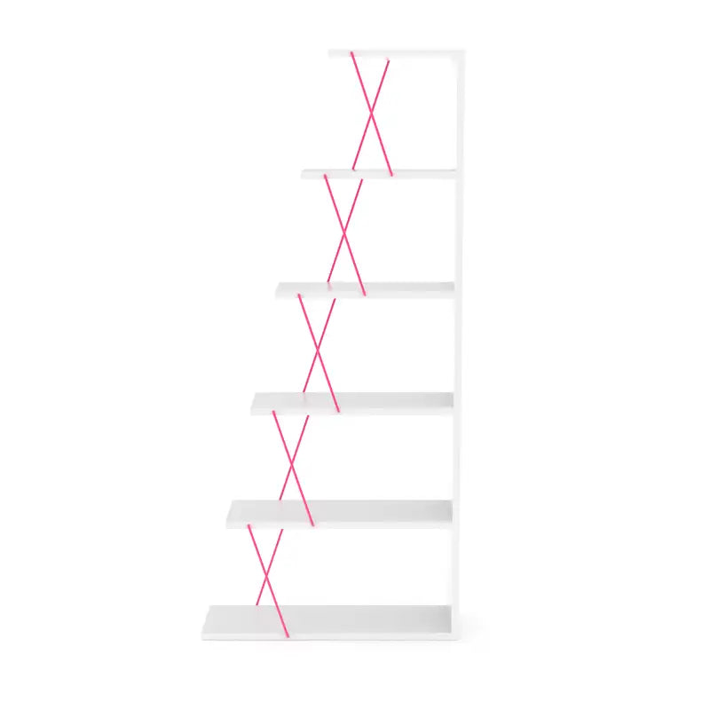 Modern 5-Tier Ladder Bookshelf - White/Pink - Narrow Space Organizer