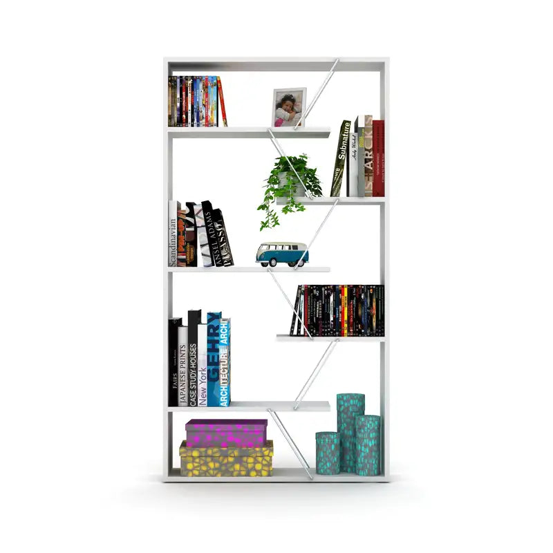 Industrial 6-Shelf Bookcase, White/Chrome - Modern Etagere for Home Office