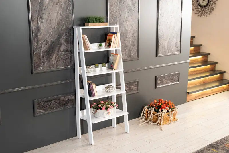 Otavio 5-Tier Modern Ladder Bookshelf - White Wood Bookcase for Small Spaces