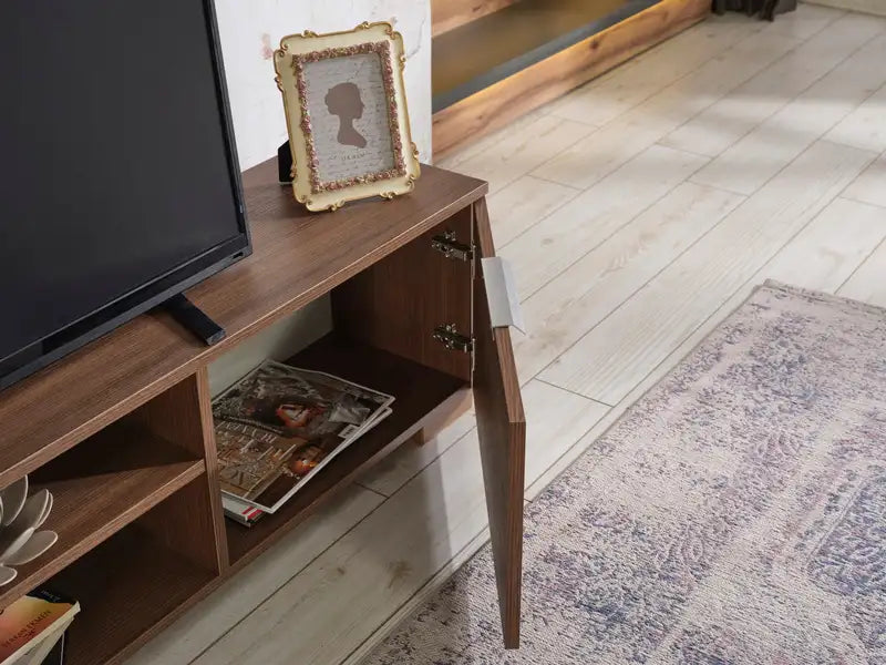 Mid-Century Modern TV Stand, 66", White & Walnut, 2 Doors, 2 Shelves