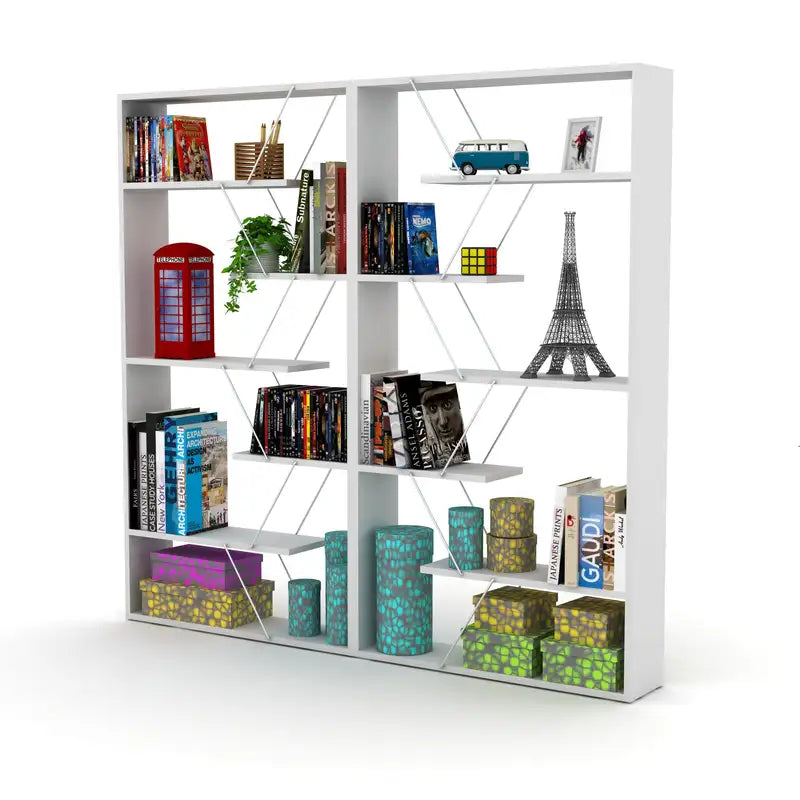 Industrial 6-Shelf Bookcase, White/Chrome - Modern Etagere for Home Office