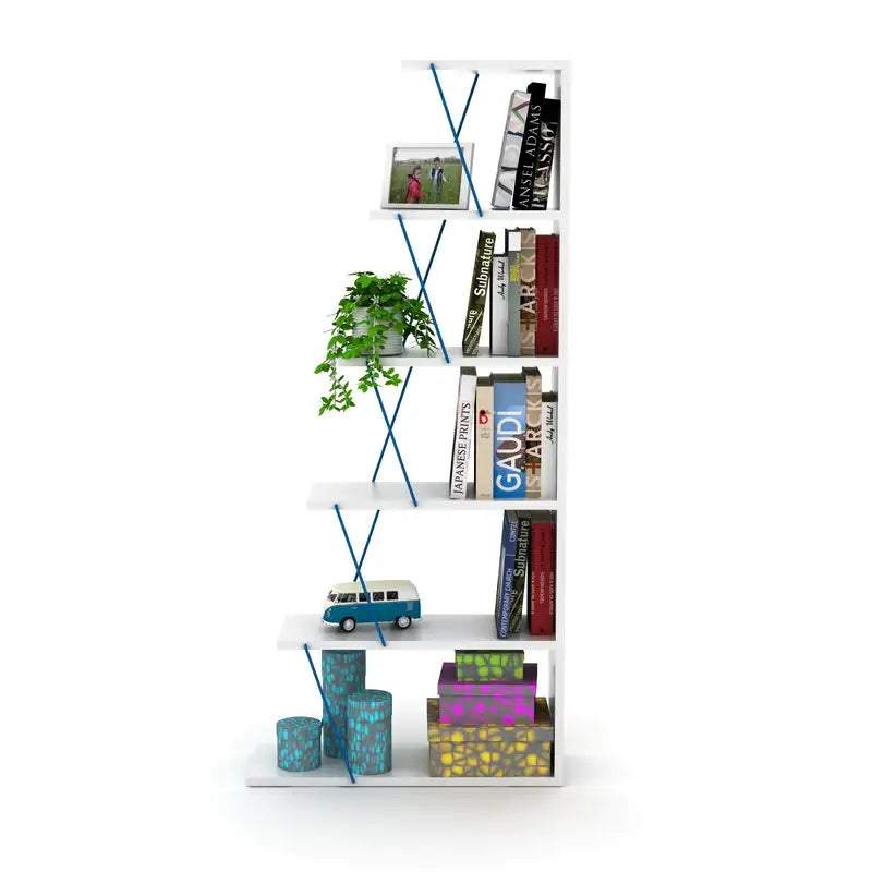 Modern 5-Tier Ladder Bookshelf - Narrow White/Blue Bookcase for Small Spaces