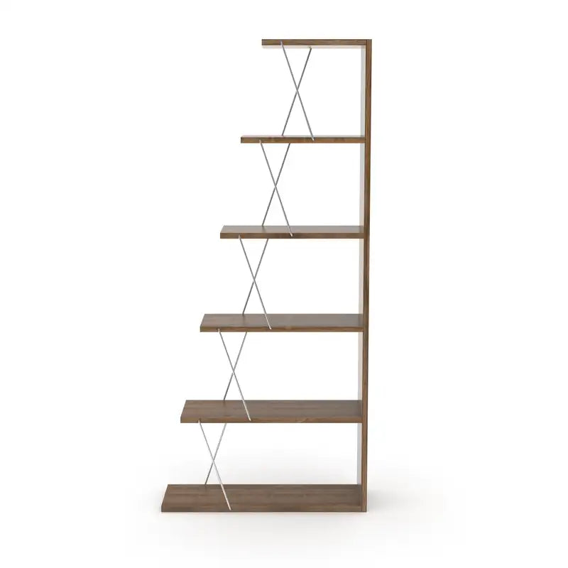 Modern 5-Tier Ladder Bookshelf - Narrow Space Organizer, Walnut/Chrome