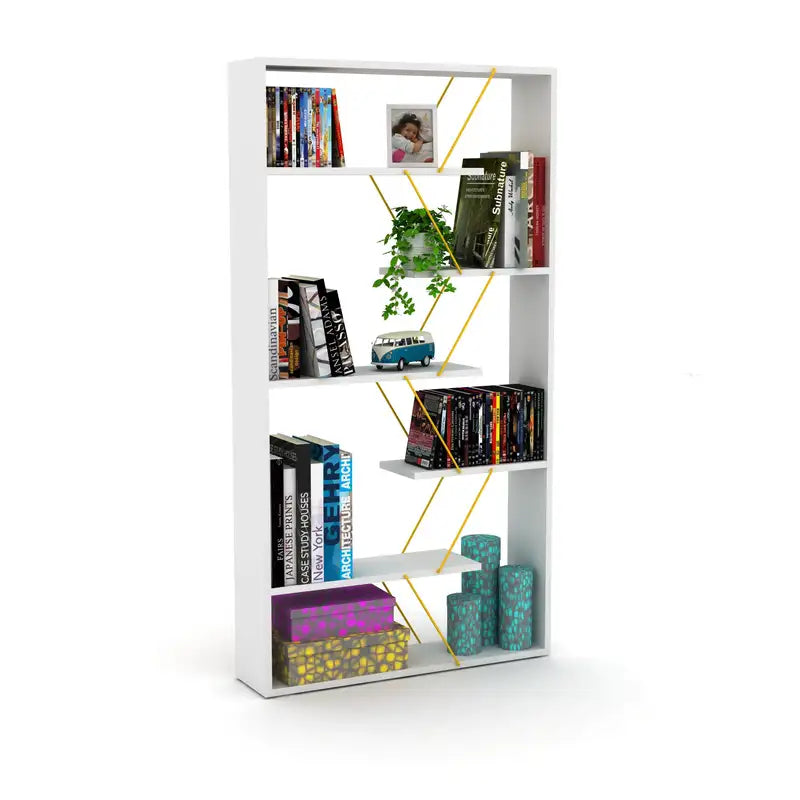 White/Yellow 6-Shelf Industrial Bookcase - Modern Etagere Bookshelf for Home Office