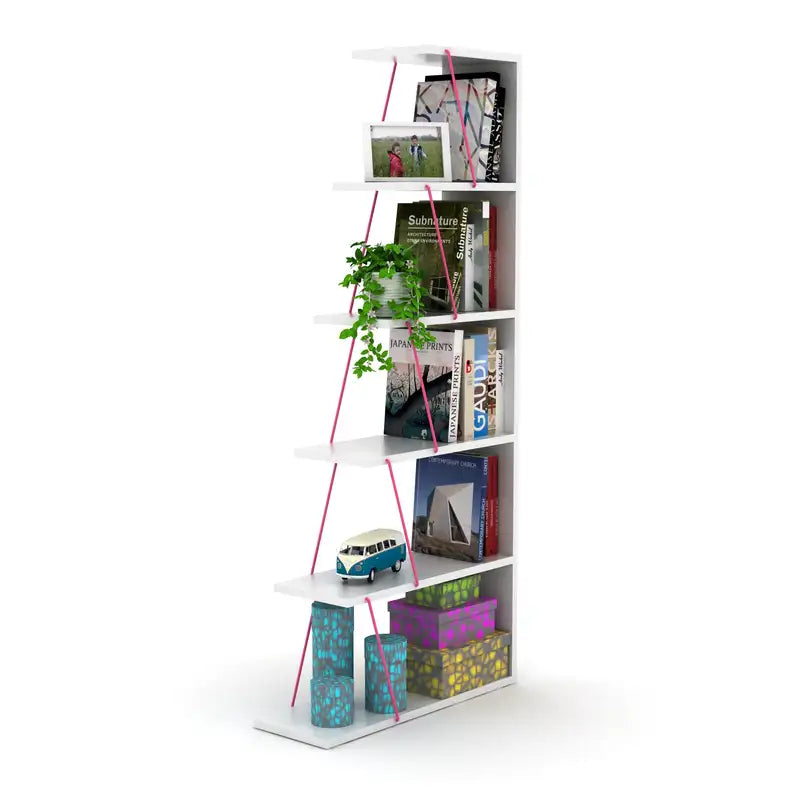 Modern 5-Tier Ladder Bookshelf - White/Pink - Narrow Space Organizer