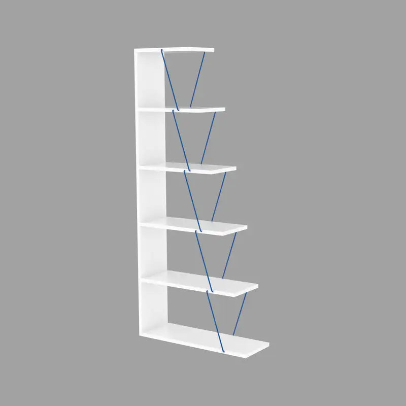 Modern 5-Tier Ladder Bookshelf - Narrow White/Blue Bookcase for Small Spaces