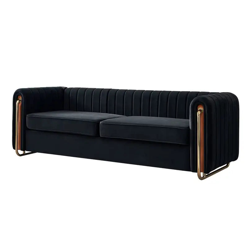 Black Velvet Sofa Couch (84.25") - Contemporary Living Room Furniture