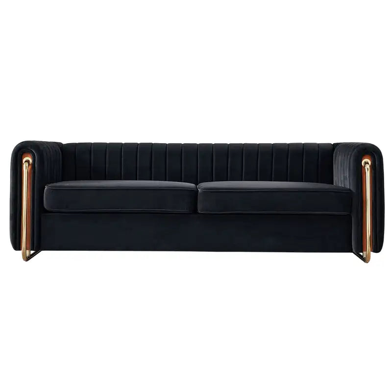 Black Velvet Sofa Couch (84.25") - Contemporary Living Room Furniture