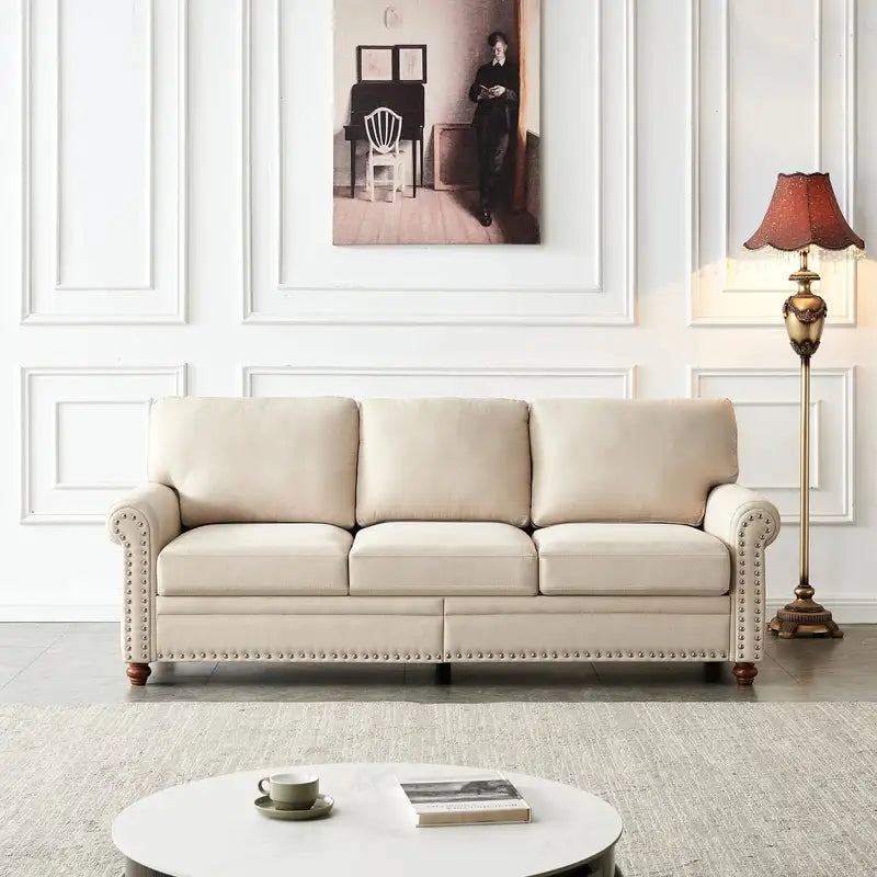 Beige Linen Sofa with Storage: Upholstered Fabric Couch