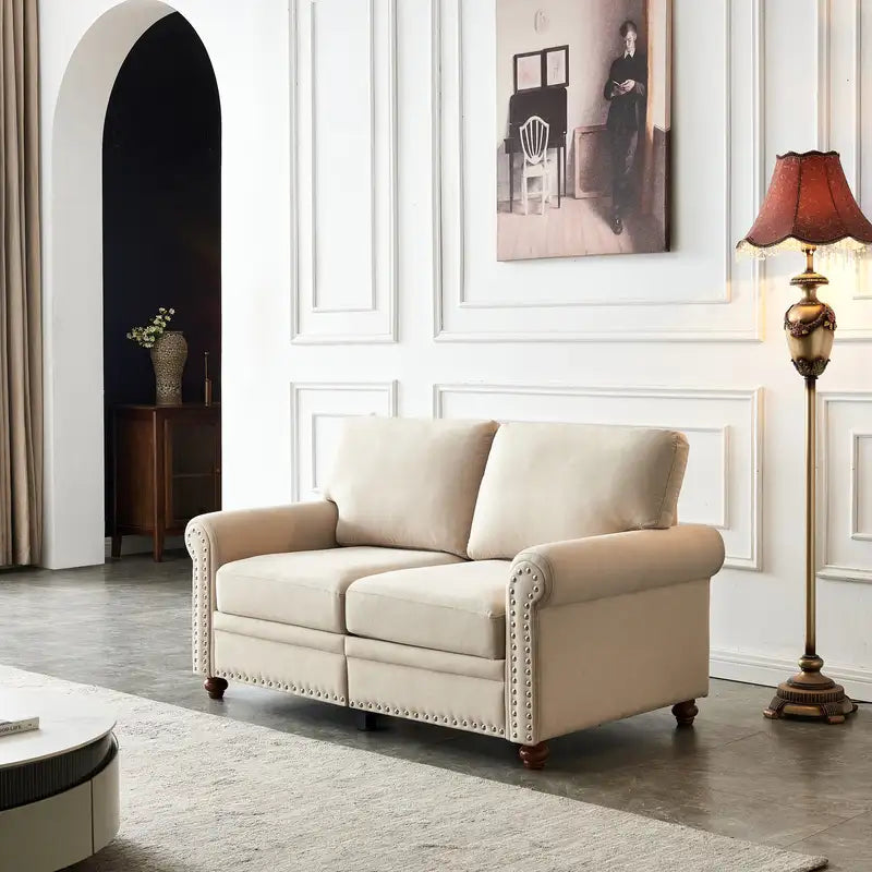 Beige Linen Loveseat with Storage: Upholstered Sofa