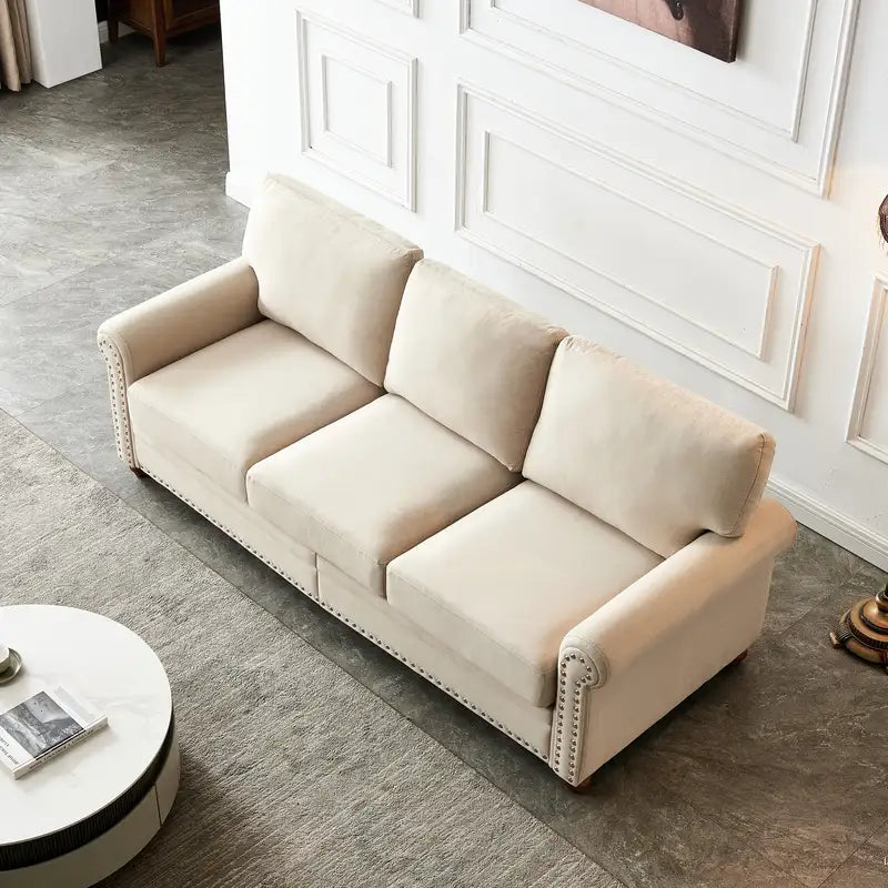 Beige Linen Sofa with Storage: Upholstered Fabric Couch